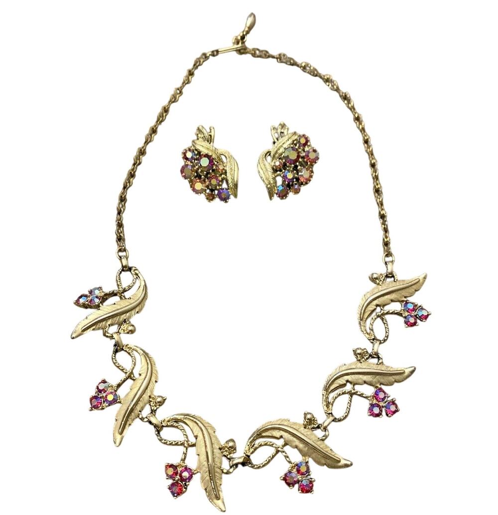 Vintage 50's Choker Necklace & Clip On Earrings Set Gold & Red AB Rhinestones